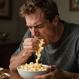 a man vomiting mac n' cheese into his own bowl. photograph.