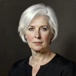 portrait of a woman with short white hair, medium shot, illustration, highly detailed, high quality, by alex ross