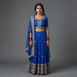 highly detailed full body portrait of photo of south asian girl in traditional wear, studio portrait, grey colored eyes, blue colored traditional wear, photo by jerry ghionis, hyper realistic, concept art, 8 k detail post - processing