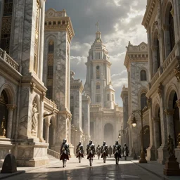 capital city of a fantasy kingdom with knights in armor marching down the street and tall marble buildings with fantasy roman architecture, by Greg Rutkowski