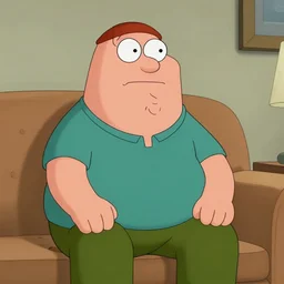 Peter Griffin sits on the sofa staring into the void painfully, bloodshot eyes, Realistic, HDR, HDD