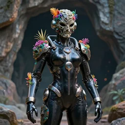 octane render portrait by wayne barlow and carlo crivelli and glenn fabry, focus on a giant retrofuturistic japanese android wearing a skintight smooth shiny black latex spacesuit with intricate iridescent metal detailing and a carved rock mask, covered in colorful tropical alien flora in front of a giant rocky cave opening, cinema 4 d, ray traced lighting, very short depth of field, bokeh