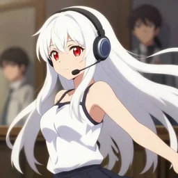 anime film still of a white long haired red eyed young cute girl wearing a headset, smooth facial features, dynamic pose, pixiv, yoshinari yoh, makoto shinkai, takashi takeuchi, kyoani, 4 k