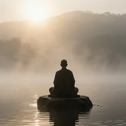 a lonely silhouette of a meditating monk sitting in the fog on a stone protruding from the water in the rays of the morning sun, in the style of matthew snowden, 8 k resolution,