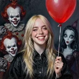 grunge painting of Billie eilish with a wide smile and a red balloon by Zdzisław Beksiński, loony toons style, pennywise style, corpse bride style, creepy lighting, horror theme, detailed, elegant, intricate, conceptual, volumetric light