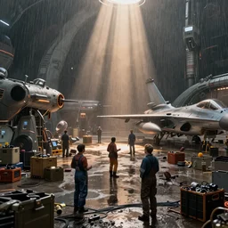 A landscape with a dystopian spaceport, rain, oily puddles, mechanics, crates and parts on the ground, overalls, people are talking in the foreground, volumetric lighting, ray lighting from top of frame, crepuscular ray lighting from above, dynamic lighting, muted colors, by Greg rutkowski, thomas kinkade, Andreas rocha, john howe, pixar, f16, hd, 4k