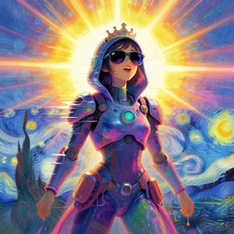 an angelic hacker with a tiara in vast cyberspace glitching through the sunshine, sunburst background, wearing sunglasses, futuristic clothes, vibrant colors, glitchy, rule of thirds, spotlight, drips of paint, expressive, passionate, by greg rutkowski, by jeremy mann, by francoise nielly, by van gogh, digital painting
