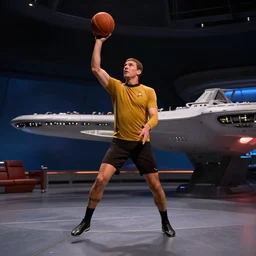 captain kirk playing basket ball on the bridge of the enterprise from star trek