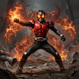 character portrait of a demonic monster kamen rider gunslinger with fire eyes doing a henshin pose, wielding fire, monster made out of fire in the background, rock quarry location, matte painting, dramatic lighting, 8 k, rubber suit, digital painting, concept art, muted colors, red colors, moody colors, broken pipes, in the style of frank frazetta