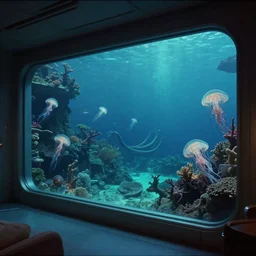 an underwater luxury apartment with large windows, 1 9 8 0 s science fiction, windows overlooking a lush ocean jellyfish coralle landscape, sci - fi film still, screenshot from a science fiction movie, ridley scott,