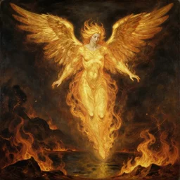 firey archangel made of gold flying above a lake of fire, embers, renaissance oil painting