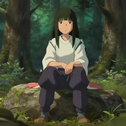 faceless kaonashi from spirited away sits on a rock, shady forest, cartoony but elaborate and detailed style, high quality, 3 d render, high detail, fantasy costume, foreground focus