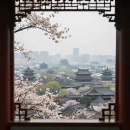 view through window, magnificent city in ancient china in late spring, flowers will fade, some fog, realistic style, high details, scene concept., trending on artstation
