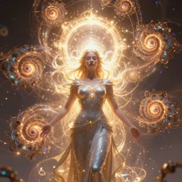 a centered render of a goddess emitting a glorious energy from a circular portal on her head and is surrounded by spiral mandel bulb fractals, powerful, cinematic, beautifully lit, by artgerm, by karol bak, 3 d, trending on artstation, octane render, 8 k