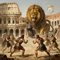 a giant monster like a lion rat insect, inside the roman colliseum, fighting agains five gladiators at kingdom of julius caesar by world renowned artist, trending artstation, historical artworks, ruins, gustavo dore, hiperdetailed