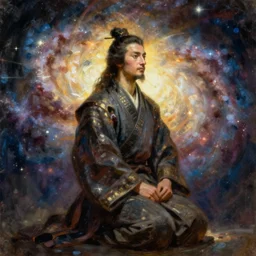 painting of galactic ancient kneeling samurai, realism by ilya repin