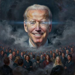 abstract obscure painting of grinning Joe Biden head emerging from thick dark clouds, immense crowd of varied people, cosmic horror , trending on ArtStation, masterpiece, by Greg Rutkowski, by Ross Tran, by Fenghua Zhong, octane, lightbeam eyes, soft render, clear facial features, oil on canvas, moody lighting, cinematic, professional detailed environmental concept art
