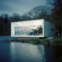 modern house on the lake, artwork by tadao ando, mystic, melancholy, pinhole analogue photo quality, lomography, blur, unfocus, cinematic, foil effect, holographic effect