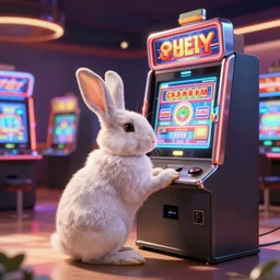 a rabbit playing slot machines in a casino