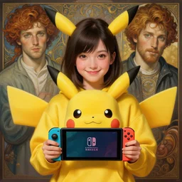 Friendly girl wearing a Pikachu hoodie,holding a Nintendo Switch, Mark Edward Fischbach, intricate, highly detailed, digital painting, artstation, concept art, smooth, sharp focus, illustration, Unreal Engine 5, 8K, art by artgerm and greg rutkowski and alphonse mucha