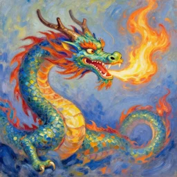 “fire breathing dragon, Impressionism style”