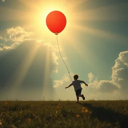 wlop and krenz kushart and alphonse mucha, digital art of a boy chasing a red balloon, sunbeam, unreal engine, hyperrealism, cinematic composition, blender render, octane render, hdr, detailed textures