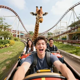 selfie of an excited giraffe riding a roller - coaster, wide angle, highly - detailed realistic