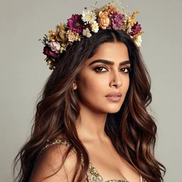 fine art photo of the beauty goddess priyanka chopra, she has a crown of dried flowers, by oleg oprisco