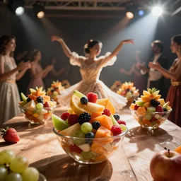 fruit salad dance party, cgsociety, digital, artistic lighting, hyperdetailed