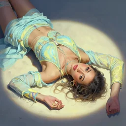 portrait of a beautiful girl, lying on the ground, funky hear, funky clothes, burning man festival, intimate, pastel shades of light blue and light yellow, beautiful face, rule of thirds, intricate outfit, spotlight, by greg rutkowski, by jeremy mann, by francoise nielly, by van gogh, digital painting