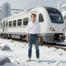 nhl player john scott dressed in white shirt and jeans standing in front of snowpiercer train, dystopia, matte painting, digital art, highly detailed, smooth, artgerm, trending on artstation,