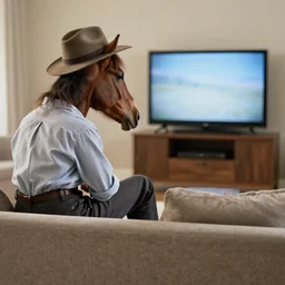 a horse with a hat and a shirt and pants while its watching tv on sofa