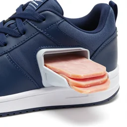 sports shoe, small compartment extends from shoe side, compartment contains lunch meat, product photo