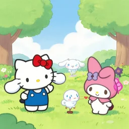 painting of hello kitty and cinnamoroll and kuromi and my melo playing outside on a sunny day, by yoko shimizu, by sanrio