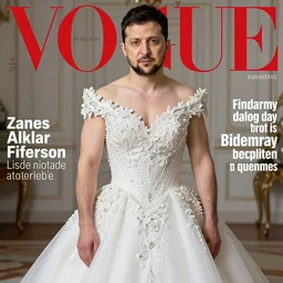 Volodymyr Zelensky wearing a fancy bride dress on the cover of the Vogue magazine