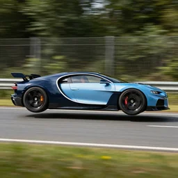 side shot of bugatti flying car hovering above road, 3 5 mm photo