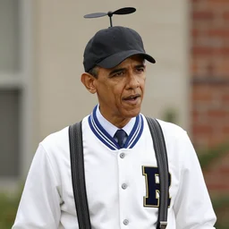 riverdale still of obama wearing suspenders, a white varsity sweater with a varsity letter r, and a propeller cap, cap with a propeller on it, propeller hat
