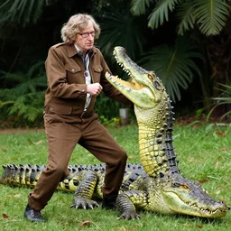 stephen hawking in a steve irwin crocodile hunter outfit wrestling! a crocodile