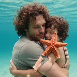a photo of a man, with curly hair, hugging his starfish son.