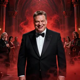 hyper realistic portrait of satanic viktor orban in tuxedo with evil smile, red mist in hell monastery interior, gorgeous lighting by kim jung giu weta studio, mucha, bautista and norman rockwell and greg rutkowski and tom bagshaw and james gurney and lucasfilm