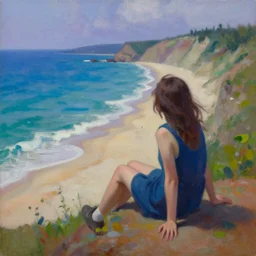 a girl sitting on a cliff overlooking a beach. vivid colors, soft lighting, atmospheric, cinematic, moody, in the style of ilya kuvshinov and range murata, krenz cushart, oil on canvas, 8 k