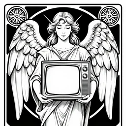 detailed high contrast with bold lines angel holding a television, art nouveau, symbolist, visionary, gothic, horizontal symmetry