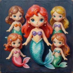 intricate five retro toy mermaid, oil on canvas, hdr, high detail, photo realistic, hyperrealism, matte finish, high contrast, 3 d depth, centered, masterpiece, vivid and vibrant colors, enhanced light effect, enhanced eye detail, artstationhd