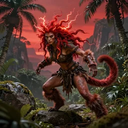 barbarian warrior woman with chimera monkey tail, monkey tail, furry tail, barbarian pelt, cavewoman, red hair, electrified hair, wild spiky red hair, upturned hair, surrounded by electrical aura, prowling around primeval jungle, palm trees, rocks, mountains, red sky, hyperdetailed, ultra high definition, realism, 4 k, jacques - louis david