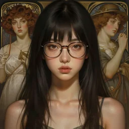 a seductive twenty year old japaese girl with freckles, glasses, fully clothed, portrait, highly detailed, digital painting, artstation, concept art, sharp focus, illustration, cinematic lighting, art by artgerm and greg rutkowski and alphonse mucha