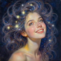 a woman with hair made out of stars and swirls of light. beautiful detailed face, hopeful expression. beautiful well composed uplifting painting with dramatic lighting by artgerm and greg rutkowski and ilya kuvshinov