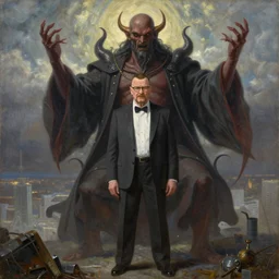 an oil painting of walter white defeating an evil god in the sky