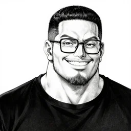 highly detailed ink illustration of a buff smiling man with long stubble, muscular neck, right - angled square glasses and a black bowl cut, wearing a black tshirt, b & w clean shaped illustration by kim jung gi, ron english and eiichiro oda