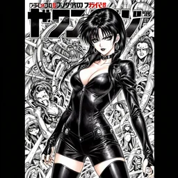 highly detailed professional 9 0 s seinen mecha manga cover art of goth woman with leather clothes, black makeup. chunibyo. horror action manga cover art cover art. detailed and intricate environment. drawn by ilya kuvshinov, painted by zdzislaw beksinski, inks by tsutomu nihei. pixiv pixiv pixiv art