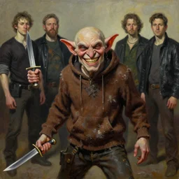 grinning hellpunk the thieving Goblin wearing a grubby brown hoodie sweater whilst brandishing a dagger frank mason james tissot marc simonetti ross tran greg rutkowski mark rothko john currin vik muniz robert gober oil painting